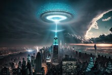 Alien UFO Invasion In The Main Cities, Countries, And Capitals Of The World, With Beautiful Sky Lightnings And Colourful Atmospheric Phenomena, Generative Ai