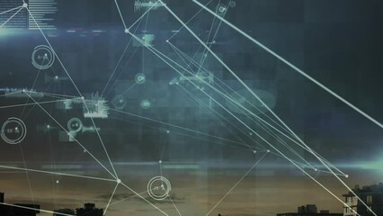 Poster - Animation of network of connections, data processing and light trails against view of cityscape