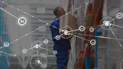 Poster - Animation of network of icons over caucasian male worker climbing up stairs to keep box at warehouse