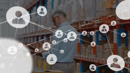 Poster - Animation of network of profile icons over caucasian male supervisor checking stock at warehouse