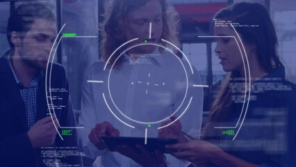 Poster - Animation of circles, computer language over diverse coworkers discussing report on digital tablet