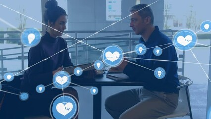 Poster - Animation of network of connections with icons over diverse business people