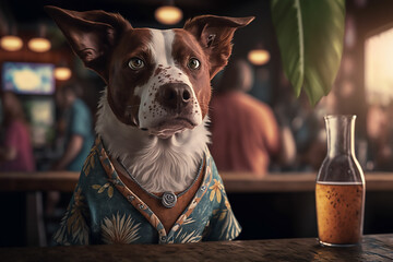 Aloha Pup at the Tiki Bar, Brown and White dog in a Hawaiian Shirt, Generative AI