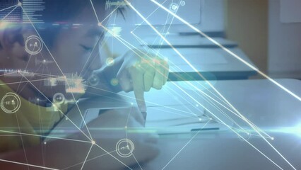 Poster - Animation of network of connections with data processing over schoolboy using tablet