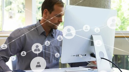 Poster - Animation of network of profile icons over caucasian man talking on smartphone at office