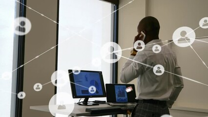 Poster - Animation of network of profiles over man talking on smartphone while walking on treadmill at office