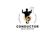 Orchestra conductor man silhouette logo design, choir conductor music tone vector symbol