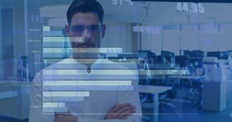 Poster - Animation of statistical data processing against biracial businessman standing at office