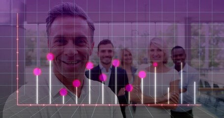 Poster - Animation of statistical data processing against diverse businesspeople smiling at office