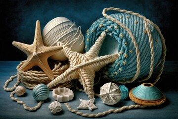 Wall Mural - Seashells, rope, and starfish on a blue background with room for writing. Generative AI