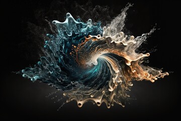 Canvas Print - Water splash in an abstract twister shape, isolated on a dark background. Concept of motion, energy, and washing. Generative AI