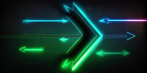 Poster - abstract neon background with arrows pointing left and a green to blue light gradient. Generative AI