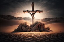 Wooden Cross Stands In The Desert