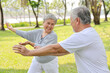 © feeling lucky - Asian senior couple practice yoga excercise, tai chi tranining, stretching and meditation together with relaxation for healthy in park outdoor after retirement. Happy elderly outdoor lifestyle concept