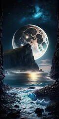 Wall Mural - Over the ocean and rugged cliffs, the full moon rises in a night sky filled with stars. the idea of peace, quiet, and harmony with nature. Generative AI