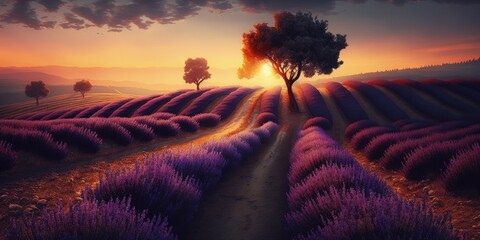 Wall Mural - Sunrise over lavender field in Bulgaria. Generative AI