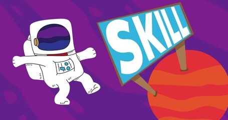 Poster - Astronaut adrift near a Red Planet with Skill Billboard. Abstract cartoon animation. 4k HD Format resolution video.