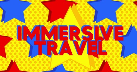 Poster - Animated Red Blue Yellow Stars with Immersive Travel Text. Cartoon animation video.
