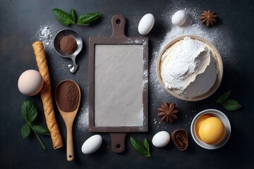 Wall Mural - Ingredients for cooking and baking Kitchen utensils, flour, eggs, a rolling pin, butter, and a background of bright grey concrete. Copy Space in Top View. Recipe Mockup for Cookies, Pie, or Cake