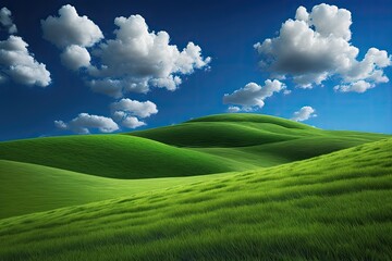 Rolling Green Hills with Blue Sky Puffy Clouds Serene Calm Happy Bliss Blissful Background Wallpaper Windows into Happy Countryside, Calm Relaxing, Cheer Comfort Summer Spring Peaceful