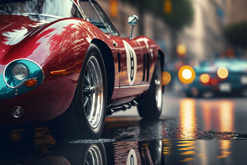 photorealistic ai artwork of classic sports car concept on wet and reflective city streets. generati