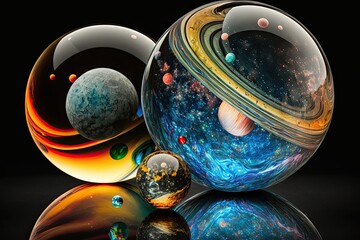 shiny reflective marble with the cosmos. sun, stars, planets and galaxies inside a glass globe orb b