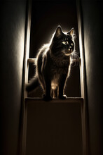 Photo Portrait Of A Black Cat On A Ladder