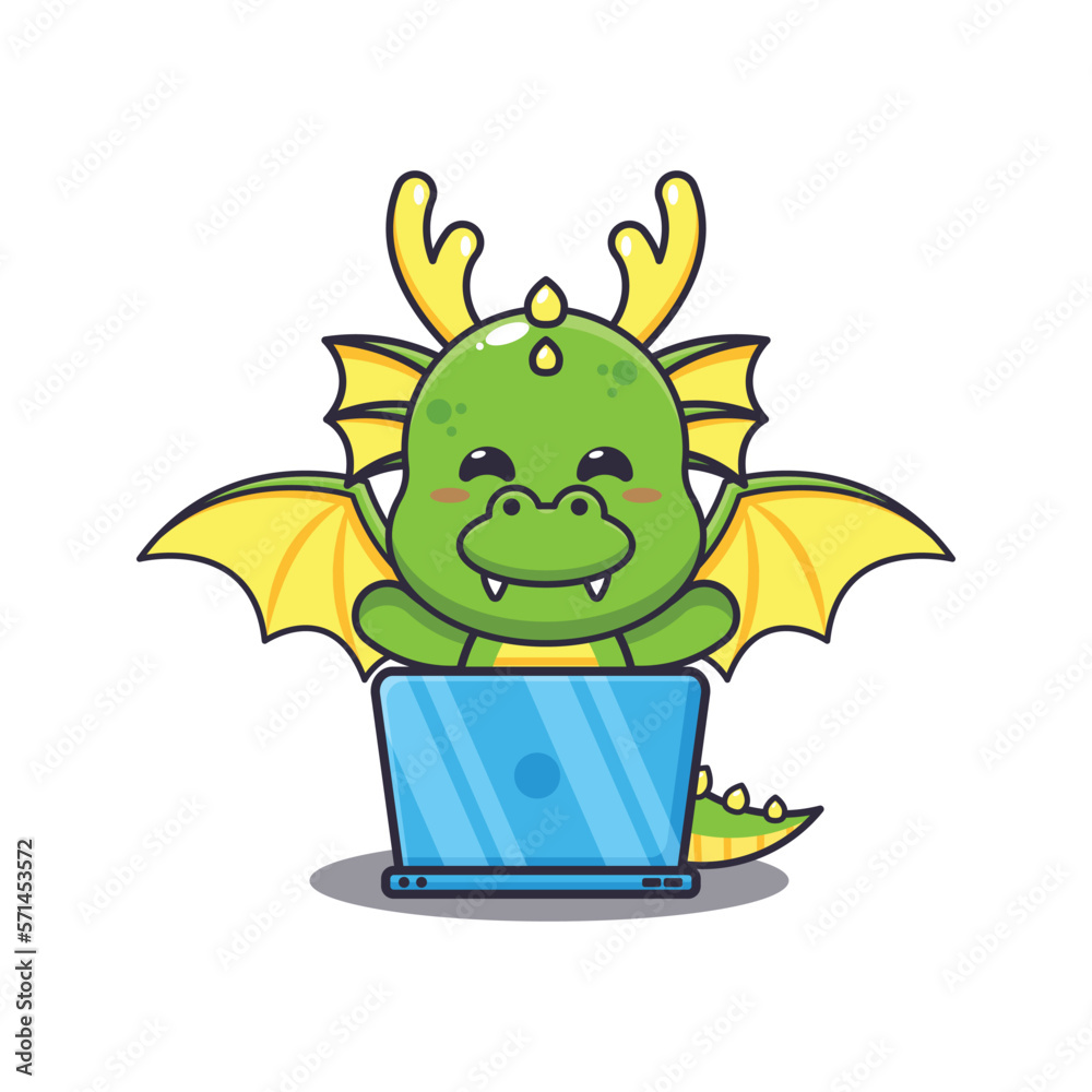 Cute dragon with laptop cartoon vector illustration. Vector cartoon ...