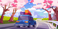 Spring Sakura Blossom And Mountain View Vector Landscape Illustration. Side View Car Drive On Road In Forest Of Japanese Cherry Trees. Sky With Clouds In Malaysia. Family Driving Alley On Picnic.
