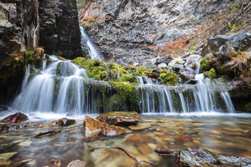 Bear waterfall 2 in Big Almaty gorge of Almaty mountains, ile alatau parkland, picturesque nature of central Asia.