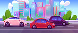 Fototapeta  - Urban traffic on modern city background. Vector cartoon illustration of cars moving speed highway along river. Cityscape with skyscrapers and green trees on summer day. Driving school banner design