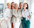 © Lumeez/peopleimages.com - Diversity, portrait and professional women with teamwork, global success and group empowerment in office. Career love and hug of asian, black woman and senior business people or employees with smile