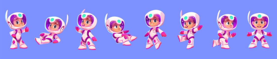 Cartoon vector illustration set of kid astronaut in space. Isolated little spaceman in white suit and helmet lie, run or go on blue background. Cute cosmic boy in various poses