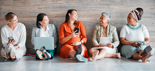 Aufkleber - Collaboration, technology and communication with a business team sitting on the floor in their office for work. Teamwork, diversity and corporate design with a woman employee group working together