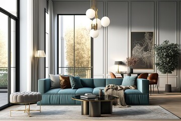 Luxurious furnished apartment living room. Photo generative AI