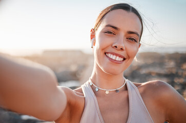 fitness, woman and portrait smile for profile picture, selfie or vlog by beach for healthy exercise.