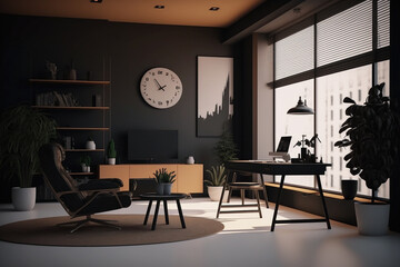A luxurious black and beige study room or office, minimalist and modern with a desk, chair and simple decor.  Generative AI.