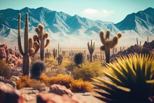 Palm Springs Landscape, Cactus, Mountains. Generative AI.