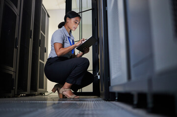 Poster - Engineer, server room and woman with tablet for database connection cable, maintenance or software update at night. Cybersecurity, it and female coder with technology for networking in data center.