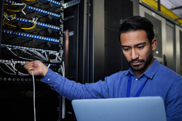 Leinwandbilder - Engineer laptop, server room and cable connection for software update or maintenance at night. Cybersecurity coder, cloud computing and programmer man with computer for networking in data center.