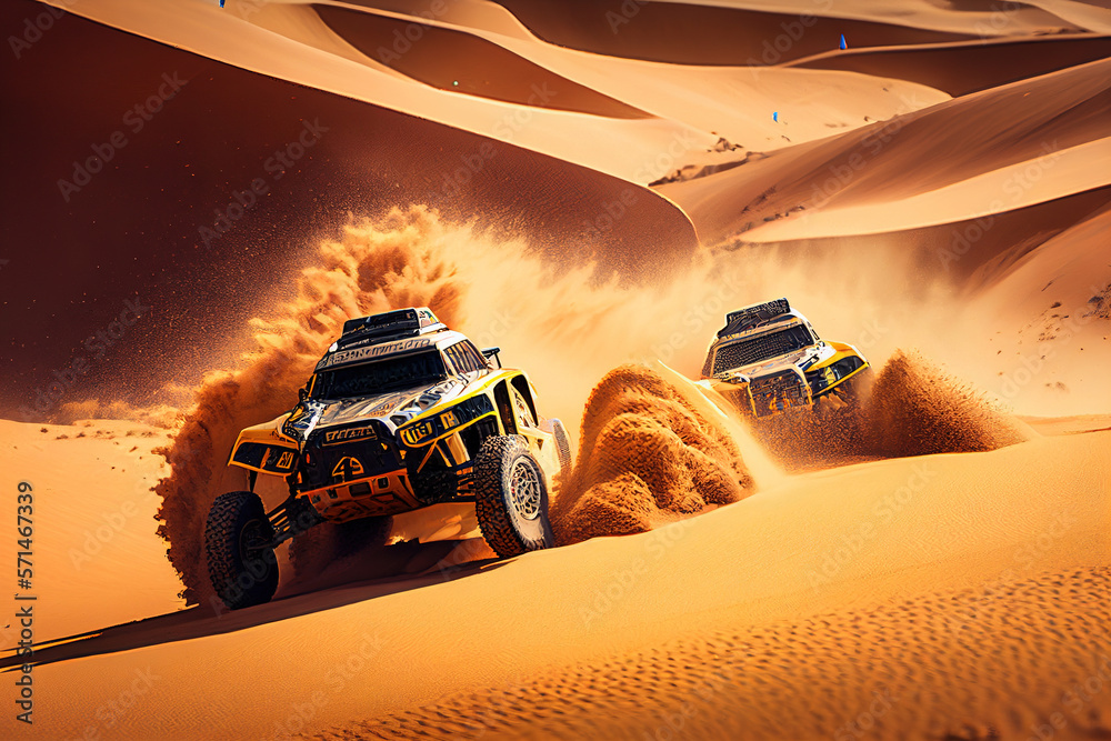 In the expansive Sahara desert, off-road vehicles participate in an ...