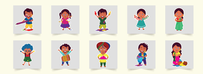 Poster - Sticker Style Cheerful Indian Kids or People Celebrating Holi Festival.