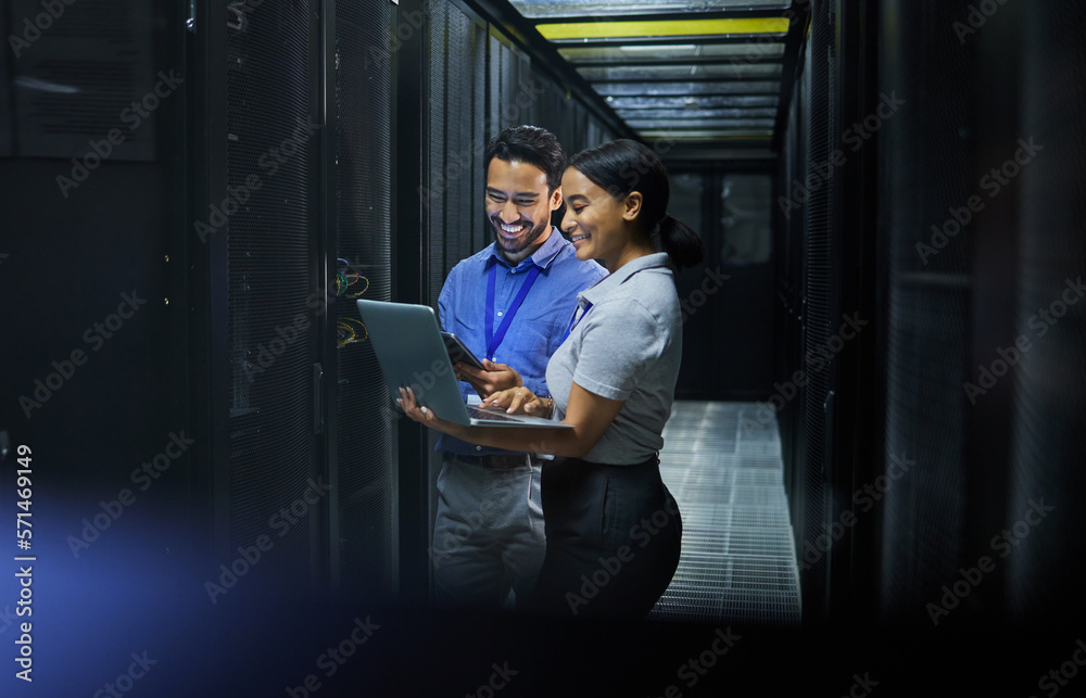 Server room, laptop and technician people for software management ...