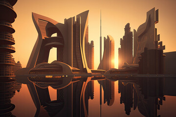 Wall Mural - Futuristic city at sunset. Simple 3d image, generative Ai
