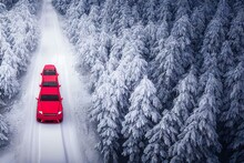 Aerial View Of Red Car Driving Through The White Snow Winter Forest On Country Road In Finland, Lapland. Generative AI
