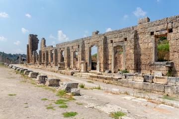 Sticker - Perge, or Perga is ancient Anatolian city in Pamphylia. Palaestra and gymnasium ruins. Antalya region, Turkey (Turkiye). Travel and ancient history concept