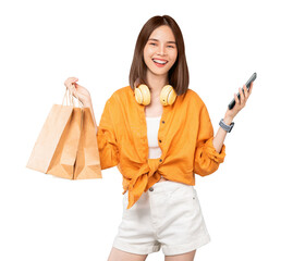 Beautiful Asian woman holding brown blank craft paper shopping bags and showing smartphone on screen background, PNG transparent.