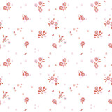 Fototapeta Kwiaty - A pattern of small pink flowers and red leaves on a white background. Graphic print, floral illustrations, floral vector, vector floral pattern.