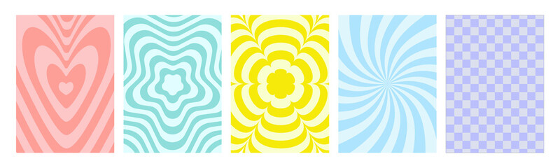 Leinwandbilder - Groovy hippie 70s backgrounds set.  Checkerboard, chessboard, mesh, waves, swirl, twirl pattern with heart, daisy flower. Twisted and distorted vector texture in trendy retro psychedelic style. 