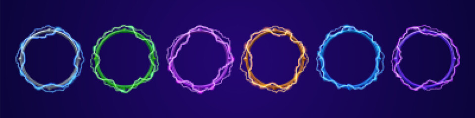 Poster - Ui circle border for profile avatar in game with electricity lightning effect. Neon thunderbolt frame set vector isolated. Different fantasy interface elements for user wreath. Winner ring design.